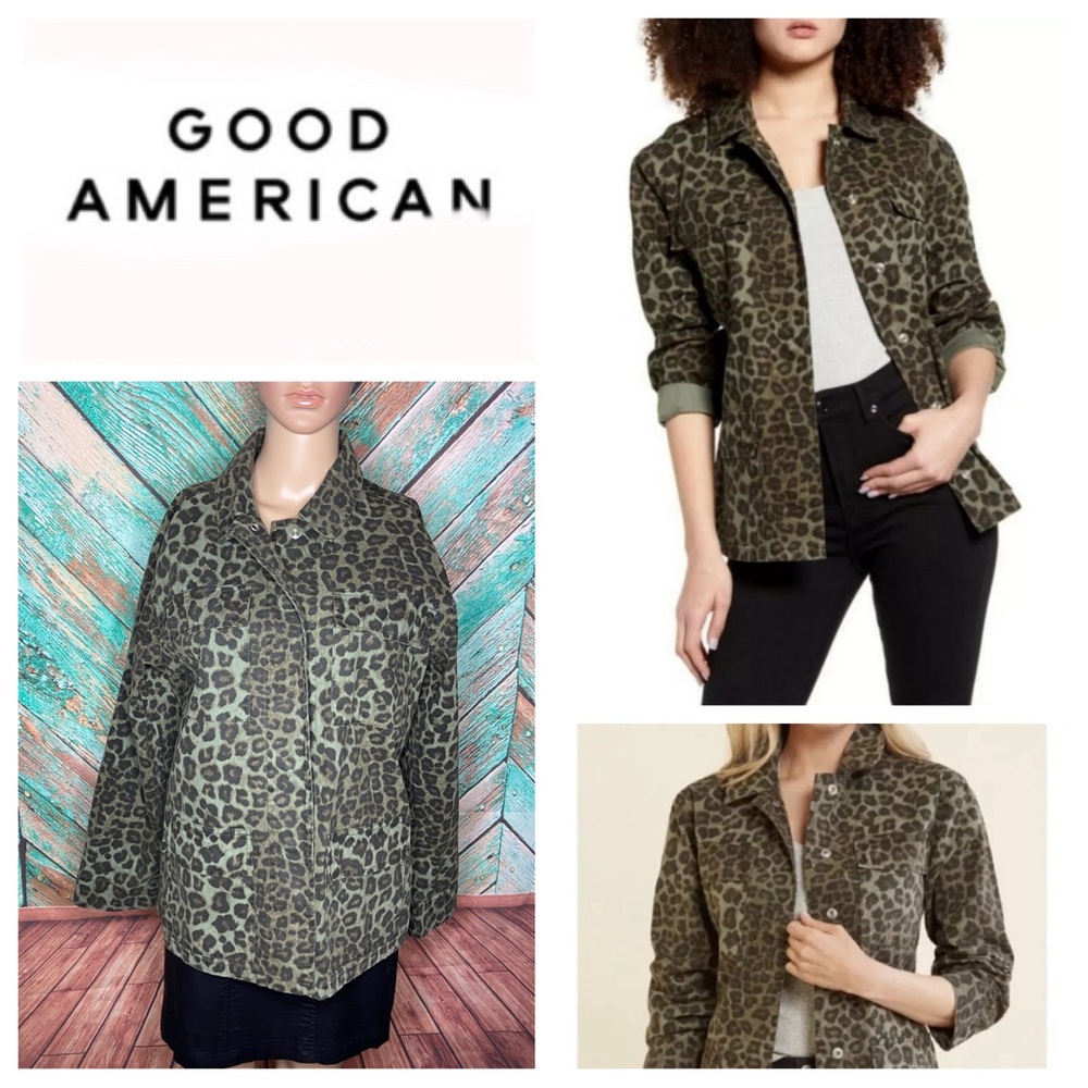 Good American Sage Green Leopard Cotton Utility Jacket With Pockets - Picture 1 of 11